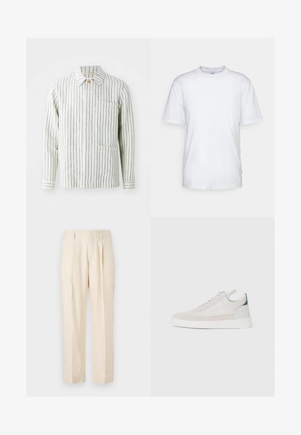 Gestreifte Jacke in Creme und Marine, aus leichtem Stoff gefertigt. Verfügt über einen Kragen, eine Knopfleiste und zwei frontale Taschen.; Weißes Baumwoll-T-Shirt mit Rundhalsausschnitt, kurzen Ärmeln und geradem Saum. Auf der linken Seitennaht befindet sich ein kleines Markenzeichen.; NN.07 KAY - Stoffhose - off white; Weiße Leder-Sneaker mit grauen Wildleder-Akzenten, Schnürdesign, Zuglasche und strukturiertem Gummisohle mit Zickzackmuster.