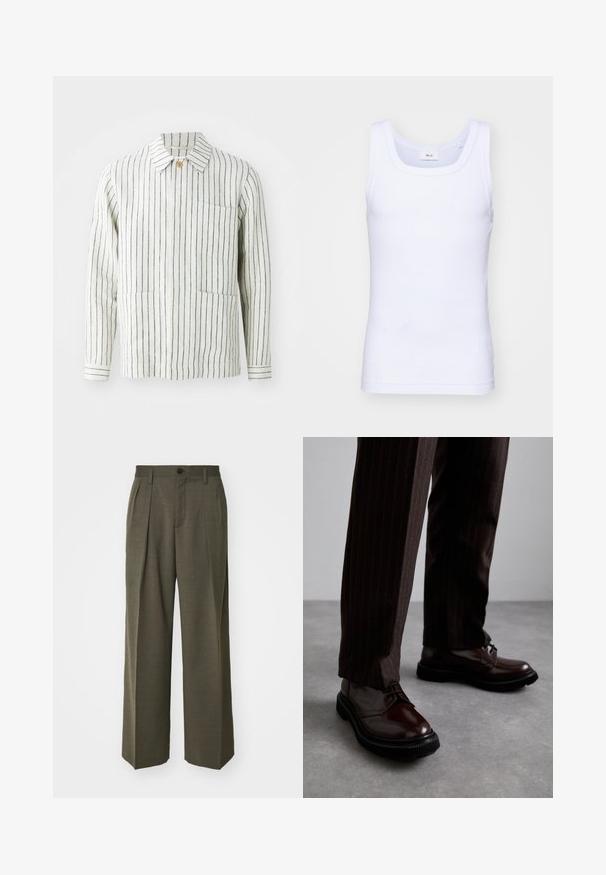 Gestreepte jas in crèmekleur en marineblauw, gemaakt van een lichtgewicht stof. Bevat een kraag, knoopsluiting en twee voorkennis.; Witte katoenen mouwloze tanktop met een ronde halslijn, met een gladde textuur en een aansluitende pasvorm, ontworpen voor casual gebruik.; Filippa K WIDE TROUSERS - Broek - driftwood; Bruine leren veterschoenen met een glanzende afwerking, zwarte rubberen zool en subtiele stiksels. Draag ze met bruin gestreepte broek.