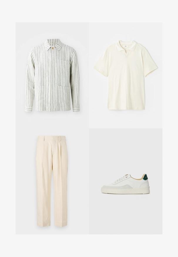 Prugasta jakna u krem i tamnoplavoj boji, izrađena od lagane tkanine. Ima ovratnik, kopčanje na dugme i dva prednja džepa.; Krem-polo majica s klasičnim ovratnikom, kratkim rukavima i blagim v-izrezom na dekolteu. Glatka tekstura i minimalistički dizajn.; NN.07 KAY - Hlače - off white; Bijele tenisice s akcentima od antilopa, zaobljenim vrhom, ravnim vezicama i krem gumenim potplatom. Imaju zelenu oznaku na peti.