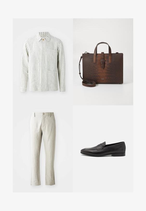 Giacca a righe in crema e blu navy, realizzata in tessuto leggero. Presenta un colletto, chiusura con bottoni e due tasche frontali.; Pantaloni in lino beige chiaro con taglio dritto, sottile texture, chiusura frontale con bottone e due tasche laterali. Progettati per una silhouette pulita.; Mocassino da uomo in pelle nera con tacco basso e design classico a striscia, mostrato in profilo laterale su sfondo bianco.; Borsa in pelle marrone con stampa coccodrillo, dotata di manici superiori e tracolla removibile. Caratterizzata da una chiusura a fibbia e forma rettangolare.