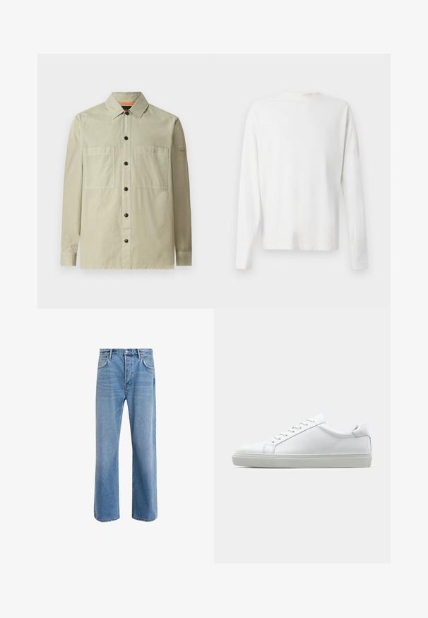 Lys grønn skjortejakke laget av glatt stoff; har to frontlommer, svarte knapper og et lite logo-patch på ermene.; Langermet hvit bomullsskjorte med rund hals, sidespalter nederst og en jevn tekstur, vist fra baksiden.; Lys blå denimjeans med rett ben-design, fem lommer, knappeåpning, minimal falming og kontrasterende sømdetaljer.; Hvit sneakers med en glatt skinnoverdel og lav profil. Har en rund tå, seks snøring hull, og en teksturert gummisåle.