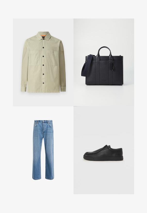 Fényzöld ingdzseki sima anyagból; két elülső zseb, fekete gombok és egy kis logós folt található az ujján.; Világoskék farmernadrág, egyenes szárú fazonnal, öt zsebbel, gombos záródással, minimális kopással és kontrasztos varrással.; Fekete bőr slip-on cipő lekerekített orral, varrott részletekkel és fekete gumitalppal. Simaság és minimalista dizájn jellemzi.; Sötét tengerészkék bőr aktatáska, dupla felső fogantyúval és levehető pánttal. Texturált felülettel, függőleges varrással és logó részlettel rendelkezik.