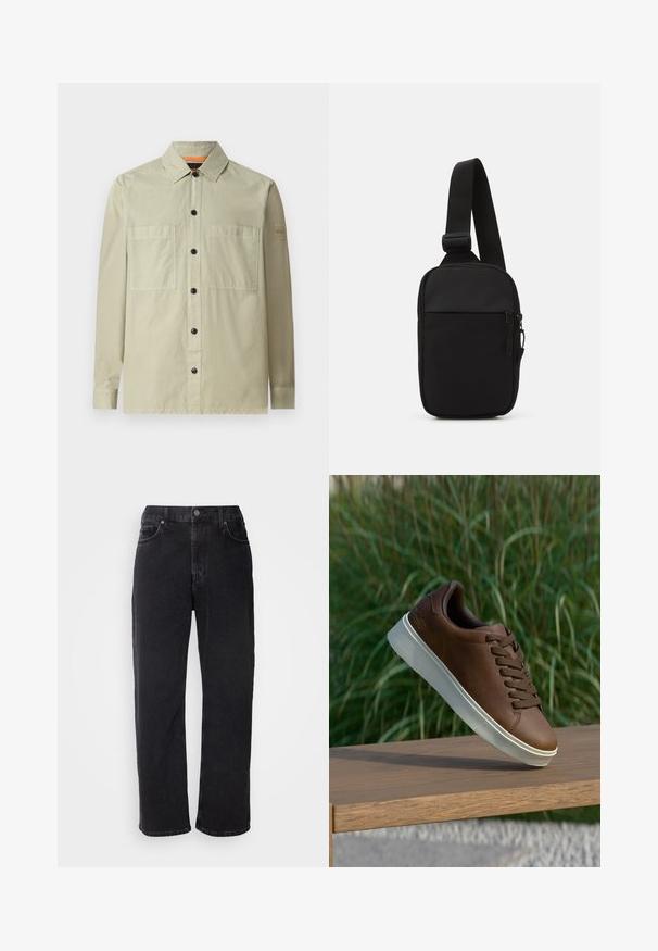 Vihreä, vaaleanvihreä paitatakki, joka on valmistettu sileästä kankaan; siinä on kaksi etutaskua, mustat napit ja pieni logopatchi hihassa.; Mustat farkut suoran leikkauksen, viiden taskun ja kontrastiväristen ompelujen kanssa. Varustettu nappisulkimella ja vyölenkeillä vyötäröllä.; Ruskeat nahkakengät valkoisella kumipohjalla, pyöristetty kärki ja ruskeat nauhat. Pohjassa on karhea pinta ja yläosassa sileä viimeistely.; Musta olkalaukku, joka on valmistettu kestävästä kankaasta. Laukussa on yksi säädettävä olkahihna, vetoketjulla suljettava pääosasto ja etutasku.