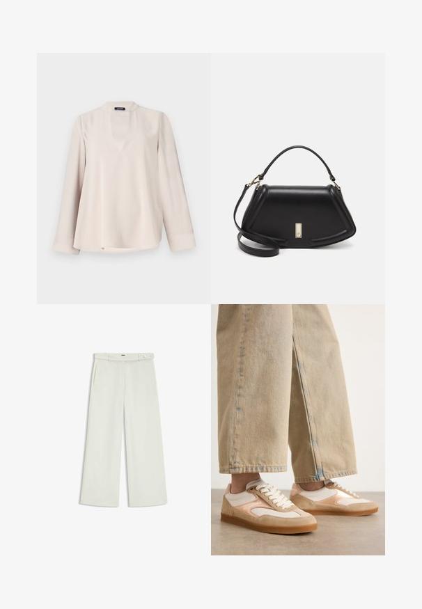 Ljus beige långärmad blus med nyckelhålsklippning och rundad nederkant. Tillverkad av slät tyg, med avslappnad passform och minimala detaljer.; Vita byxor i ljus krämig tyg, med sidofickor, platt fram och en enda knappstängning vid midjan. Slät struktur.; Bruna och krämfärgade sneakers med en design i mocka och mesh, med snörning och gummisålar, kombinerade med bruna vida jeans.; Svart läderhandväska med en strukturerad design, som har en avskuren form, ett handtag upptill och guldiga detaljer. Justerbar axelrem ingår.