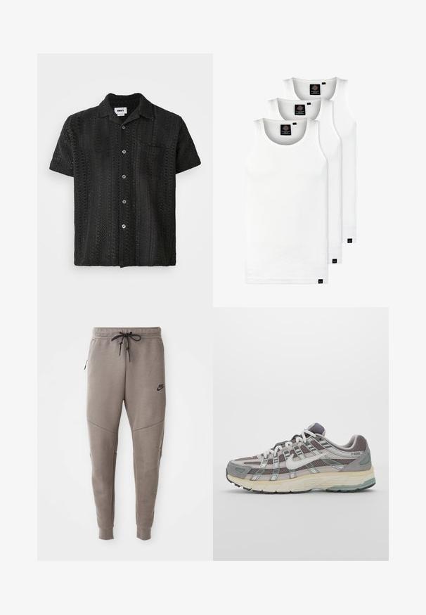 Īsām piedurkņu melna tamborēta krekls ar brīvu piegriezumu, ar pogām priekšpusē, vienu krūšu kabatu un teksturētu atvērtu rakstu.; Trīs baltas ribotas krūšturi, kas izgatavoti no kokvilnas. Iezīmēti ar apaļu kakla izgriezumu un maziem melniem etiķetēm tuvu apakšmalai. Pieejami vairākos izmēros.; Pelēki Nike sporta bikses ar aukliņu viduklī, sašaurinātiem galiem, sānu kabatām un izteiktām šuvēm. Mīksta, teksturēta auduma.; Pelēkie sporta apavi ar tīkla un zamša augšdaļu, baltiem akcentiem, mīkstinātu zoli un izcilu dizainu ar atstarotājiem.