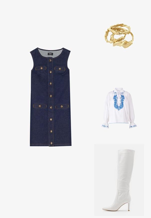 Weißes Blusenshirt mit blauer Stickerei am Halsausschnitt und den Ärmeln, mit Krawatten-Detail am Kragen und puffärmel.; Denimkleid mit ärmellosem Design, dunkelblauer Farbe, vorderem Knopfverschluss und zwei Taschen. Details in Goldton und Steppnähte akzentuieren das Kleid.; RAID TRIBUTE - High Heel Stiefel - white; Goldfarbene, verdrehte Ringe, die übereinander gestapelt sind und ein strukturiertes Design mit glatten und gebogenen Kanten aufweisen, was ein organisches, fließendes Erscheinungsbild schafft.