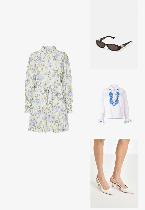Blusa bianca con ricami blu attorno al collo e alle maniche, con un dettaglio a fiocco al colletto e maniche a palloncino.; Vestito floreale bianco con fiori blu e verdi, caratterizzato da un colletto, apertura frontale con bottoni, maniche lunghe con polsini elastici e una cintura in vita.; Tacchi slingback in pelle lucida beige con punta affusolata e tacco di 5 cm, caratterizzati da lati traforati e una sottile fascia alla caviglia.; Occhiali da sole tartarugati con lenti ovali allungate, tonalità marrone, accenti dorati con logo sulle tempie e aste nere eleganti.; Borsa a tracolla beige con un motivo stampato, forma curvata, dettagli in pelle e un logo dorato sul davanti. Presenta una maniglia corta per un facile trasporto.; Collana di perle e cristalli con un design rotondo a perline in tonalità tenui, caratterizzata da perle alternate e accenti scintillanti, indossata attorno al collo.