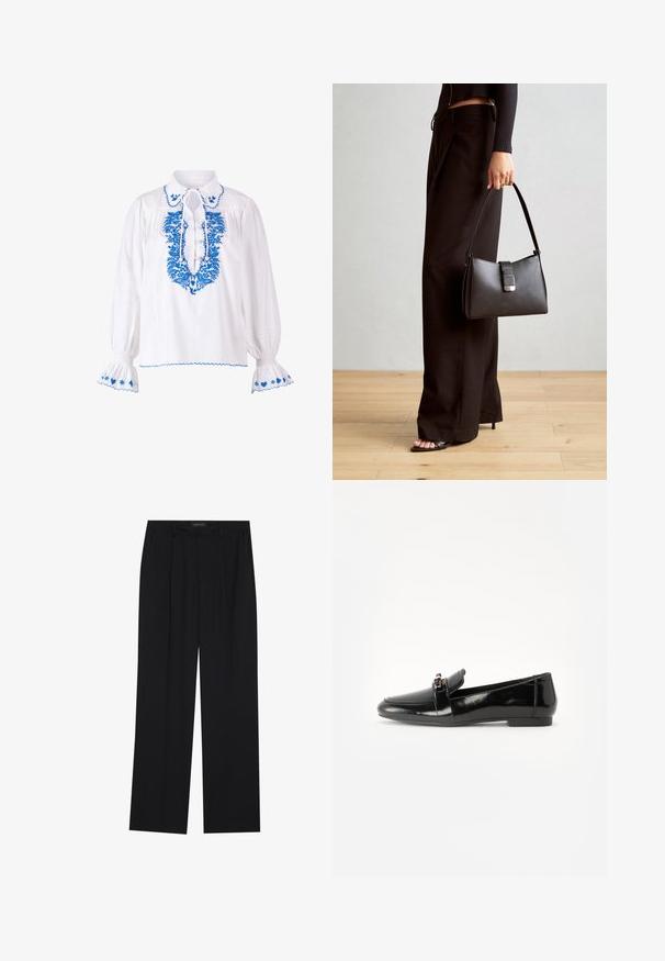 Blusa bianca con ricami blu attorno al collo e alle maniche, con un dettaglio a fiocco al colletto e maniche a palloncino.; Pantaloni neri con un design a gamba dritta, dotati di due tasche frontali e di una vita. Realizzati in un tessuto morbido e leggero.; Mocassino in pelle verniciata nera con suola piatta, punta arrotondata e una fascia decorativa con accento in tonalità oro. Finitura liscia e lucida.; Borsa nera con forma strutturata, texture liscia e una chiusura metallica. Abbinata a pantaloni neri larghi e sandali open-toe su un pavimento in legno.