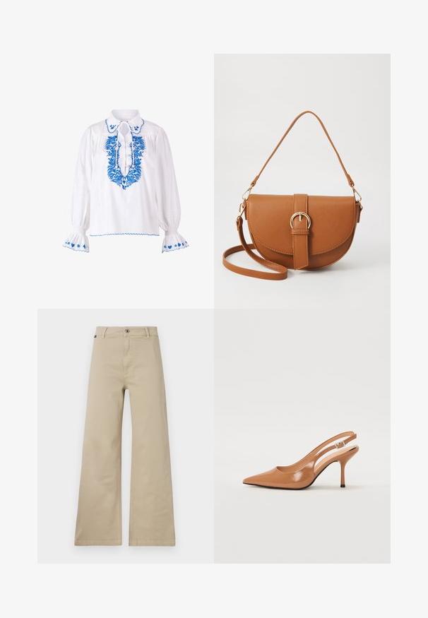 Bela bluzica z modrim vezenjem okoli ovratnika in rokavov, s trakom na ovratniku in napihnjenimi rokavi.; Bež hlače širokih nogavica iz bombaža. Imajo gumb za zapiranje, zanke za pas in stranske žepke. Gladka, trdna tekstura z klasičnim dizajnom.; Slinčaste pete z ostro konico v gladkem, sijočem bež materialu. Imajo ukrivljen rez in vitko stiletto peto. Podrobnost s srebrno zaponko.; Rjava usnjena torbica prek telesa s ukrivljeno obliko, zlate opreme in sponko. Ima odstranljiv naramni trak.