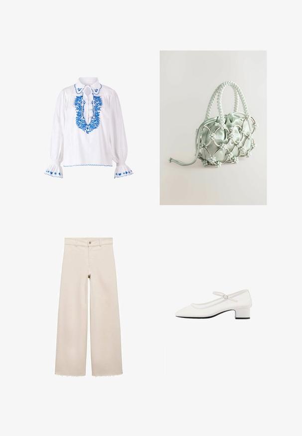 Biela blúzka s modrou výšivkou okolo výstrihu a rukávov, so zaväzovaním na golieri a nafúknutými rukávmi.; Beige široké džínsy s vysokým pásom, s gombíkovým zapínaním, prednými vreckami a rozstrapkaným lemom. Vyrobené z denimu.; Biele lakované kožené topánky typu Mary Jane s okrúhlou špičkou, stredne vysokým masívnym opätkom a nastaviteľným remienkom so striebornou sponou.; Next Kabelka - blue