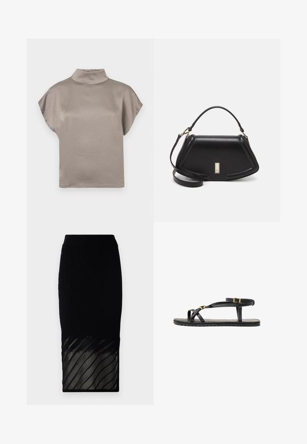 Kurzärmliges Oberteil mit hohem Kragen aus weichem, taupefarbenem Stoff. Verfügt über eine lockere Silhouette mit glatter Textur und einer Knopfverschluss auf der Rückseite.; Schwarze Rock mit gerippter Textur, der einen transparenten unteren Teil mit horizontalen Streifen hat. Das Design sitzt figurbetont und reicht bis zur Mitte der Wade.; Schwarze Ledersandalen mit dünnen Riemen und einem geschnallten Knöchelriemen. Flache Sohle mit texturiertem Finish und Zickzackkante. Minimalistisches Design.; Schwarze Lederhandtasche mit einem strukturierten Design, das eine verkürzte Form, einen oberen Griff und goldfarbene Hardware-Details aufweist. Verstellbarer Schulterriemen ist enthalten.