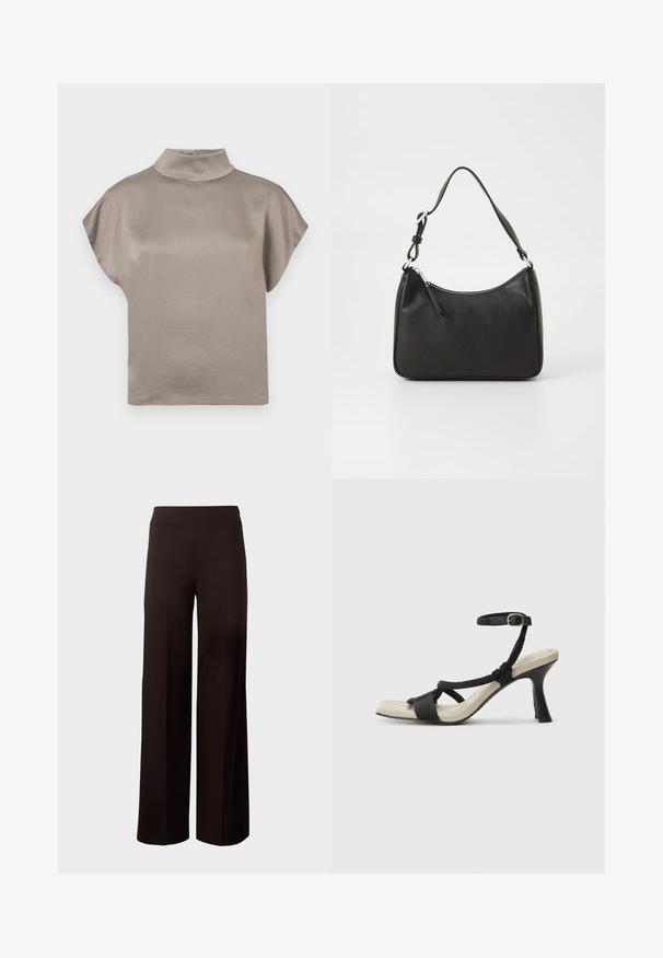 Kurzärmliges Oberteil mit hohem Kragen aus weichem, taupefarbenem Stoff. Verfügt über eine lockere Silhouette mit glatter Textur und einer Knopfverschluss auf der Rückseite.; Schwarze weit geschnittene Hose mit elastischem Bund, hergestellt aus einem glatten, dehnbarem Material. Hat ein sauberes Design ohne Muster.; Schwarze Absatzsandale mit geflochtenem Riemendesign, quadratischer Spitze und verstellbarem Knöchelriemen. Helle beigefarbene Sohle mit glänzendem schwarzen Absatz.; Schwarze Lederhandtasche mit geschwungener Form, einem einzigen Tragegurt, Reißverschlussverschluss und dezentem Branding auf der Vorderseite. Glatte Textur, minimalistisches Design.