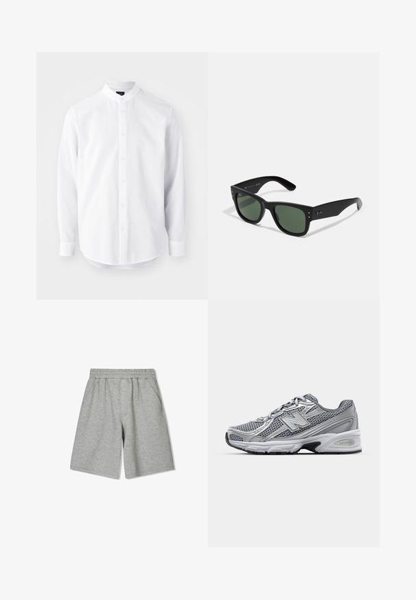 Camicia bianca a maniche lunghe con colletto alla mandarino, tessuto testurizzato, chiusura con bottoni davanti e orlo curvo, con dettagli di cucitura sottili.; Pantaloni corte grigi in cotone con cinturino elastico, dotati di tasche laterali e vestibilità comoda. Texture morbida e design alla lunghezza del ginocchio.; Scarpa sportiva grigia con tomaia in rete, dettagli argentati, colletto imbottito e suola intermedia bianca con suola nera.; Occhiali da sole neri rettangolari con lenti verdi, finitura opaca, dettagli hardware discreti e logo impresso sulla tempia.; Orologio G-Shock con cassa in resina trasparente, quadrante blu, dettagli metallici, display digitale e cinturino in silicone testurizzato. Impermeabile fino a 20 bar.