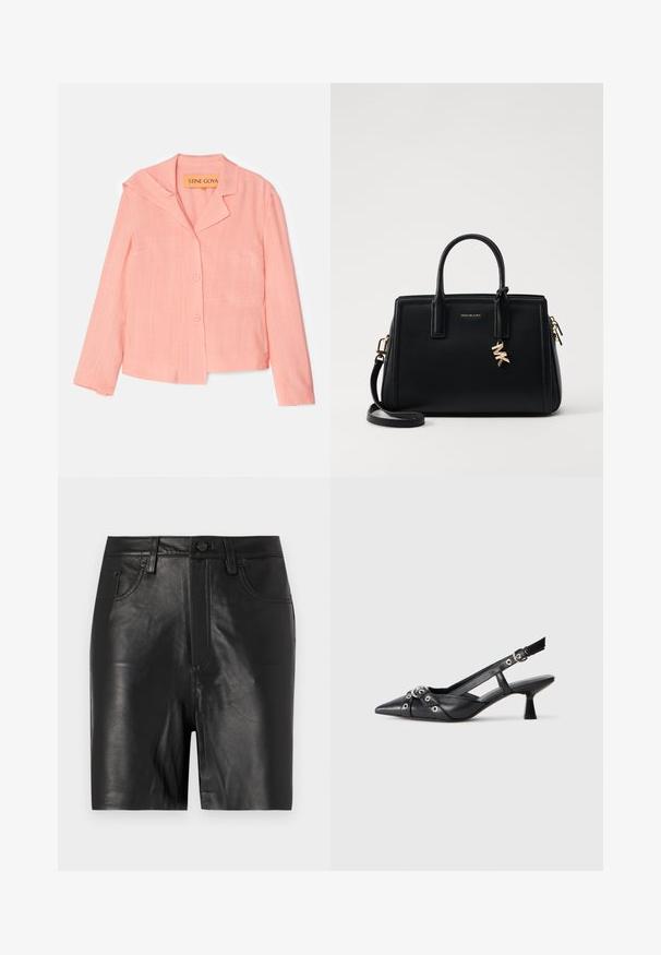 Różowa krótka kurtka z krótkimi rękawami, z wyłogowym kołnierzem, z jednolitym zapięciem na guzik i kieszenią. Teksturowana tkanina z surowymi krawędziami.; Czarne skórzane szorty o gładkiej fakturze, wyposażone w zamek błyskawiczny z przodu, zapięcie na guzik oraz klasyczny pięciokieszeniowy krój.; Czarne skórzane buty typu slingback z ostrym noskiem, ozdobnymi paskami z metalowymi oczkami oraz niskim klinowym obcasem. Teksturowana powierzchnia.; Czarna skórzana torebka o strukturalnym designie, z dwiema górnymi uchwytami, odpinanym paskiem na ramię, złotymi akcesoriami i zawieszką z logo.