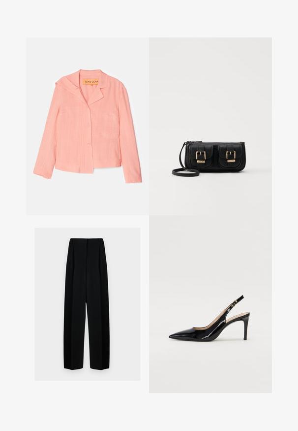 Rožinė trumpomis rankovėmis striukė su iškirptu apykakle, vieno mygtuko uždarymu ir kišenėmis. Tekstūruotas audinys su grebtu kraštu.; Juodos plačios kelnės su aukštu liemeniu, su klostėmis ir glotnia tekstūra. Medžiaga atrodo lengva ir dailiai krenta.; Juodas lakinės odos slingback batelis su smailiu nosiu, plonu kulnu ir subtiliu išpjovos dizainu. Yra auksinė sagtis ant dirželio.; Juodas odinis per petį nešiojamas krepšys su dviem priekiniais kišenėmis, auksiniais sagtimis, užtrauktuko uždarymu ir siauromis petnešomis. Textūruota paviršius ir kompaktiškas stačiakampis formatas.