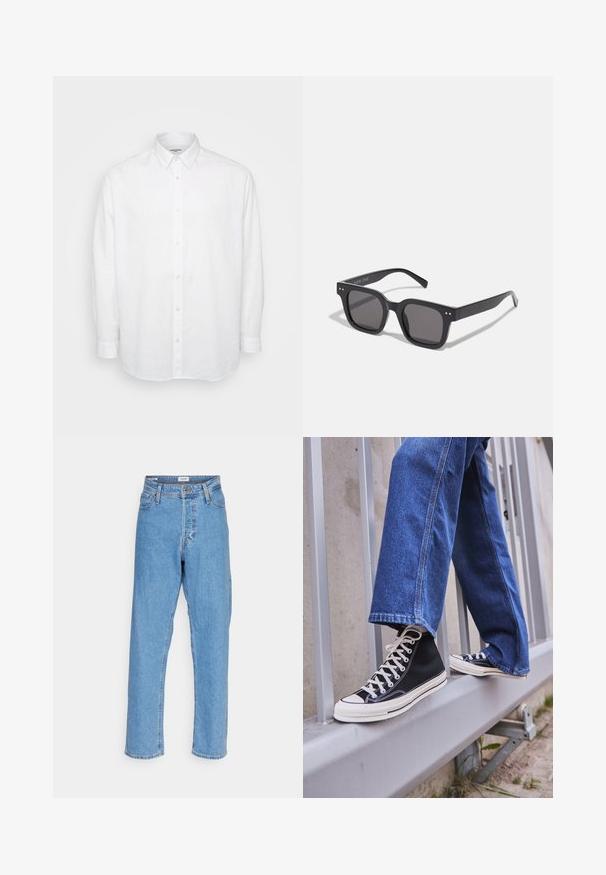 Balta garām piedurknēm izgatavota no viegla lins, ar pogu apkakli, priekšējām pogām un brīvu piegriezumu ar aprocēm.; Gaiši zils augstā jostasvietā taisna kāja džinsi ar priekšējo pogu, rāvējslēdzēja aizdari, jostu cilpām un piecu kabatu dizainu uz balta fona.; Melnas augstas kedas ar baltu zoli un auklām, apvienotas ar brīvām zilām džinsām, atpūšoties uz pelēka margotā balsta.; Melnas taisnstūra saulesbrilles ar tumšiem stikliem, kuras iezīmē bieza rāmja konstrukcija, diskrēti akcenti sānos, un nav redzamu logo ārpus zīmola nosaukuma.; Metāla kvarca pulkstenis ar melnu seju, baltām ciparnīcām un datuma displeju. Aprīkots ar nerūsējošā tērauda siksniņu un ūdensizturību līdz 100 m.