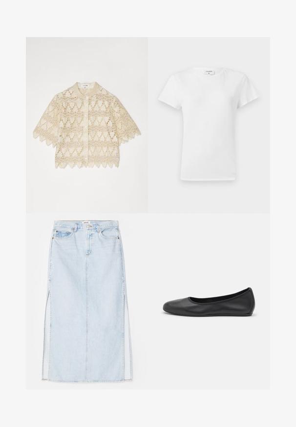 Cremefarbene Spitzenbluse mit kurzen Ärmeln, Knopfleiste, floralen Mustern, gewellten Kanten und einem kleinen Kragen.; Weißes Baumwoll-T-Shirt mit Rundhalsausschnitt und kurzen Ärmeln, das einen lockeren Sitz und ein minimalistisches Design aufweist. Etikett am Hals sichtbar.; Hellblaue Jeans-Maxi-Rock mit geradem Schnitt, ausgestattet mit seitlichen Schlitzen und einem Fünf-Taschen-Design. Auffällige Nähte und Metallschnappverschluss.; Schwarze Leder-Ballettschuhe mit abgerundeter Spitze, glatter Textur, minimalen Nähdetails und einem flexiblen Sohlen-Design.