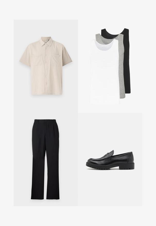 Koszula na krótki rękaw z guzikami w jasnym beżu, z teksturowanej tkaniny, z dwiema kieszeniami na piersi i kołnierzykiem w szpic.; Trzy topy na ramiączkach w kolorze białym, szarym i czarnym. Każdy z nich ma klasyczny bezrękawnikowy fason, wykonany z lekkiej bawełnianej tkaniny z prążkowaną teksturą.; Only & Sons ONSJEREMY czarny; Czarne skórzane mokasyny z okrągłym nosałem, wsuwanym fasonem i grubą gumową podeszwą z teksturowanym uchwytem. Podwyższona pięta i subtelne detale przeszycia.