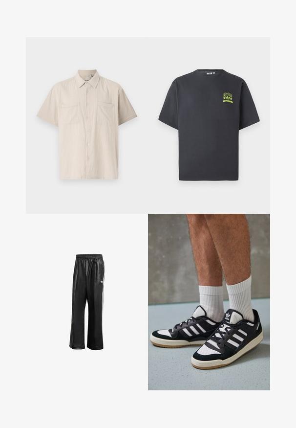 Korte mouwen overhemd met knopen in lichtbeige met een gestructureerde stof, twee borstzakken aan de voorkant en een puntige kraag.; Koolgrijze Adidas T-shirt met korte mouwen en een kleine neon groene graphic van luidsprekers, zon en het Adidas-logo op de linkerkant van de borst.; Zwarte synthetische trainingsbroek met een elastische tailleband, voorzien van witte zijstrepen en een klein wit logo op de linkse heup.; Zwart-witte sneakers met een bovenwerk van suede en leer, voorzien van drie witte strepen, een geperforeerde neus en een rubberen gumzool.