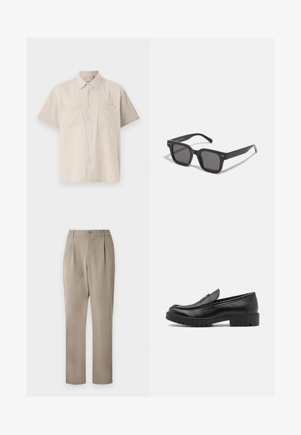 Lühikeste varrukatega nööbiga särgikäik heledas beežis, tekstuurse kangaga, kahe esipoolse rinna-taskuga ja terava kraega.; Khaki püksid sirge säärega disainiga, millel on nuppude sulgemine ja volditud eesosa. Valmistatud siledast kangast, millel on mati viimistluse.; Mustad musta nahast loafers, ümmarguse toe, libisemisega disain ja paks kummist tald, millel on tekstureeritud haardepind. Tõstetud kand ja peened õmblusdetailid.; Mustad mustan värvi päikeseprillid tumedate läätsedega, pakse raami, diskreetsete detailidega külgedel ning ilma nähtavate logota, peale brändinime.; Beežist kangast kott kahel käepidemel, millel on suur tumedast pruunist logotekst "THE NORTH FACE" ja poolringikujuline disainielement.; Hõbedane roostevabast terasest kell musta kellakujulise numbriga, märgitud tunni näidikutega, kuupäeva kuvamisega ja veekindel kuni 50 meetrit.