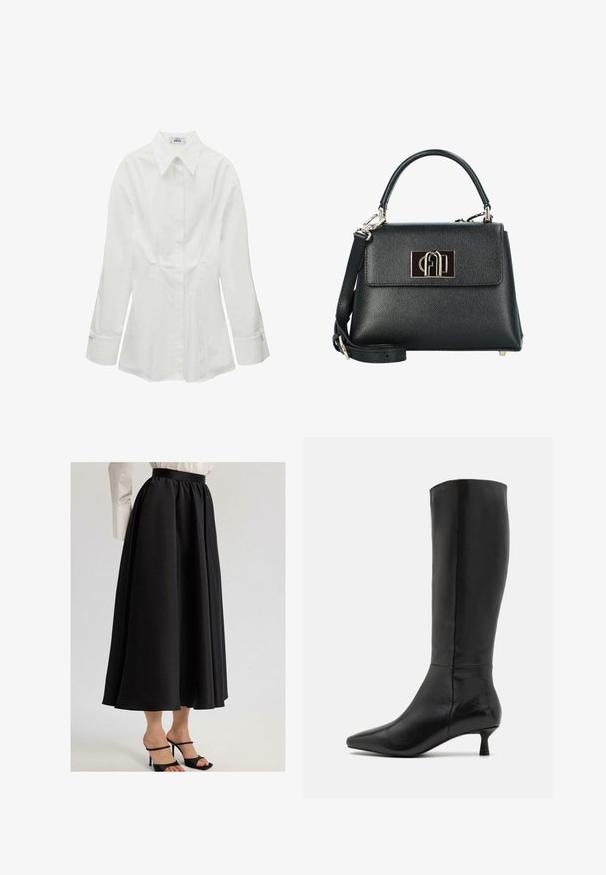 Mango SEVENUS - Camicia - off-white; Gonna nera maxi realizzata in tessuto liscio, caratterizzata da una vita arricciata e un design fluido, abbinata a sandali neri con cinturini.; Zign Stivali alti - black; Borsa a tracolla in pelle nera texture con una forma strutturata, dotata di manico superiore, tracolla removibile e una chiusura con logo in tono oro.