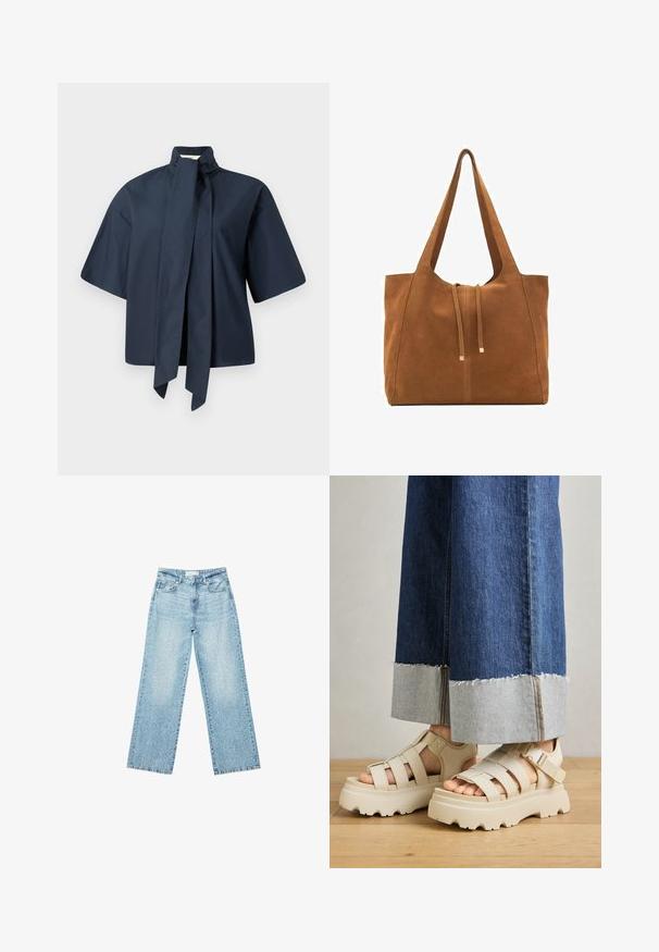 Blouse bleu marine à manches courtes avec un col haut et un long nœud à l'avant, fabriquée en tissu lisse et léger.; Jeans en denim bleu clair à jambe large avec une taille haute, présentant un délavage léger et de petits détails de déchirures éparpillés.; Des sandales à plateforme beiges avec de épais semelles présentent un design à lanières et des sangles de cheville réglables. Portées avec un pantalon en denim à jambes larges, un ourlet est effiloché.; Sac fourre-tout en suede marron avec deux longues poignées, fermeture à cordon, et design minimaliste. Texture lisse et sans accents matériels visibles.