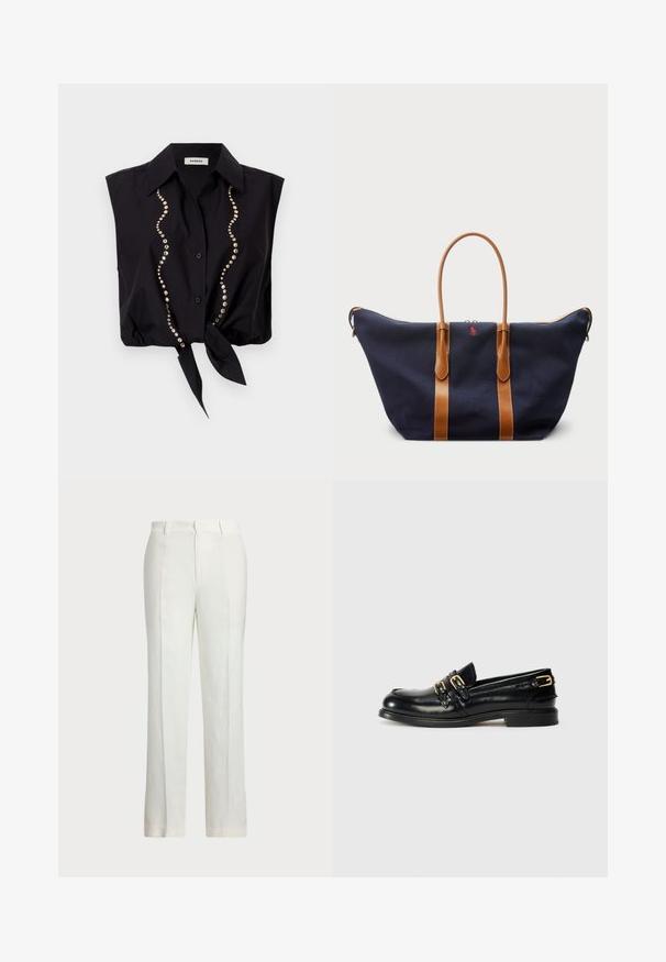 sandro - Bluzka; Białe lniane spodnie z prostą nogawką, z gładkim przodem, dwiema bocznymi kieszeniami i subtelną teksturą materiału.; Czarne skórzane mokasyny o błyszczącej powierzchni, z dwiema złotymi klamrami i niskim obcasem. Gładka tekstura z zaokrąglonym noskiem.; Granatowa torba podróżna z płótna z beżowymi skórzanymi paskami, z zamkiem błyskawicznym oraz małym czerwonym logo na froncie, charakteryzująca się szeroką i przestronną konstrukcją.