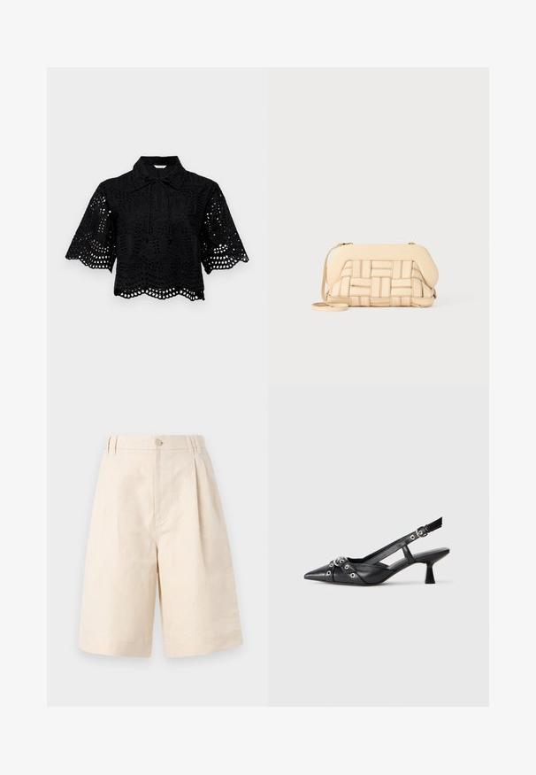 Blusa nera a maniche corte con colletto, caratterizzata da intricati motivi a taglio e una chiusura annodata sul davanti. L'orlo ha un bordo scallop e un design testurizzato.; Pantaloni shorts in lino beige con una vestibilità rilassata, dotati di chiusura con bottone, design plissettato e taglio lungo fino al ginocchio. Tessuto morbido e stile semplice.; Scarpa slingback nera in pelle con punta affusolata, cinturini decorativi con occhielli metallici e tacco basso a blocco. Superficie testurizzata.; Borsa beige intrecciata con un design strutturato, dotata di una parte superiore liscia e di una lunga tracolla. I dettagli testurizzati arricchiscono l'aspetto complessivo.