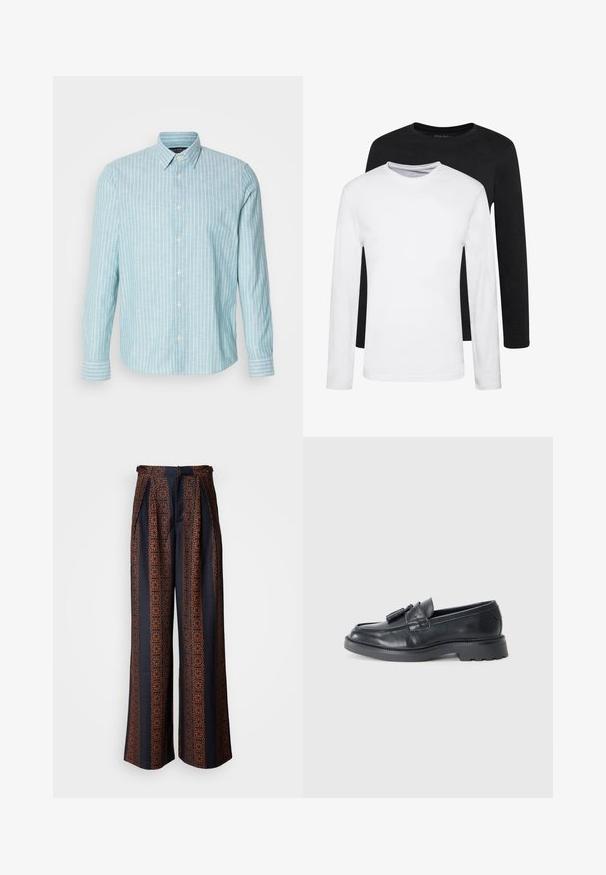 Cămașă cu mânecă lungă, de culoare albastru deschis, cu dungi verticale albe, având un guler clasic și închidere cu buton. Textură moale, design casual.; Două cămăși cu mâneci lungi, una neagră și una albă, confecționate din bumbac, cu gât rotund și o textură netedă, prezentate într-un aranjament suprapus.; Pantaloni cu picioare largi dintr-un material albastru închis, având un model geometric complicat în nuanțe de portocaliu, cu un front plisat și un talie ajustată.; Loafers din piele neagră, cu vârful rotund, o curea cu bentițe și o talpă groasă cu un model de profil. Textură netedă și design clasic.