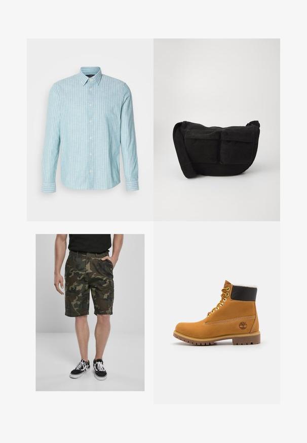 Hele sinise pikkade varrukate ja valgete vertikaalsete triipudega nupp-särk, klassikalise kraega ja nuppude sulgemisega. Pehme tekstuur, igapäevane disain.; Kamuflaažilised cargo-lühikesed püksid kahekordsete taskutega, valmistatud rohelise ja pruunika kudumiga. Kombineeritud mustade spordijalatsitega, millel on valged paelad.; Pruun nahast pahkluu saabas metallist silmadega, valge karvane vooder, must pehmendatud krae, robustne tallal ja küljes reljeefne logo.; Mustkunstunud lõuendist õlakott, millel on reguleeritav rihm, esikotid ja pehme tekstuur. Kompaktne disain minimaalse detailitusega.