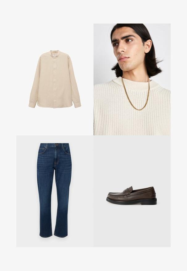 Beżowa, lniana koszula z długim rękawem, z kołnierzykiem mandaryńskim, z przodem zapinanym na guziki i prostym dołem; gładka tekstura i lekka konstrukcja.; Ciemnoniebieskie dżinsy o prostym kroju nogawki, pięć kieszeni, subtelne przeszycia oraz zapięcie na guziki z przodu.; Brązowy skórzany mokasyn z przeszyciem na przodzie, płaską podeszwą i niskim, warstwowym obcasem. Gładka faktura z minimalistycznymi elementami projektu.; Złoty naszyjnik noszony na kremowym swetrze z prążkowanego dzianiny; miękka tekstura z wysokim kołnierzem i subtelnym wzorem w tkaninie.
