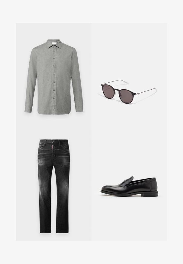 Ljusgrå knapp-up skjorta gjord av ett texturerat tyg, med klassisk krage, långa ärmar och grå knappar längs framsidan.; Svarta denimjeans med rak passform. Har blekta områden, mindre slitningar, klassisk femficksdesign och knäppning med knapp.; Svarta läderloafers med en slät yta, rund tå och ett dekorativt band över främre delen. Låg staplad klack, minimalistisk design.; Svarta runda solglasögon med mörka linser och smala metallarmar. Inkluderar klara tempeltips och silverdetaljer vid gångjärnet. Minimalistisk design.