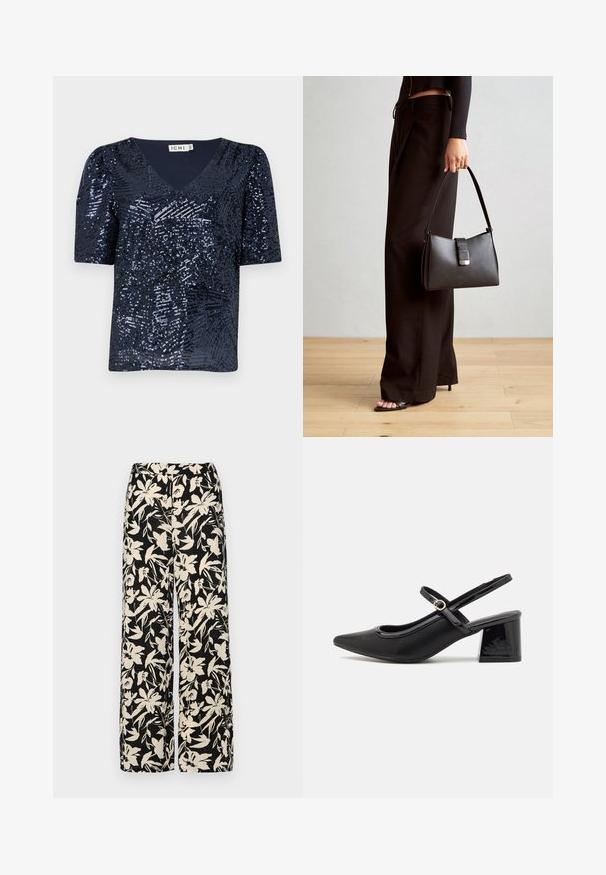 Tengerészkék, rövid ujjú V-nyakú felső, flitterekkel borítva, textúrált mintával, lazán illeszkedő fazonban és enyhén puffadt ujjal.; Fekete, bő szárú nadrág krém színű virágmintával. Könnyű anyagból készült, sima tapintású és magas derékrésszel rendelkezik.; Fekete lakk bőr, pántos magassarkú cipő, hegyes orral, lekerekített kivágással és tömbsarkal. Arany színű csat díszíti.; Fekete kézi táska strukturált formával, sima textúrával és fémből készült záródással. Széles fekete nadrággal és nyitott orrú szandállal párosítva, fából készült padlón.