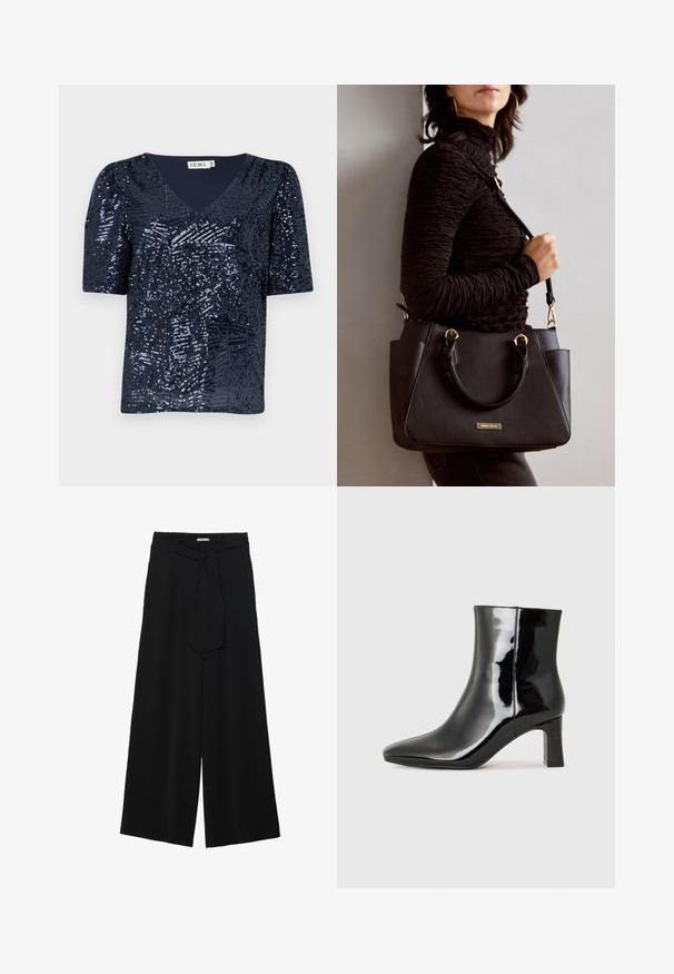 Mørkeblå kortermet V-hals topp, dekket med paljetter og med et teksturert mønster, med en løs passform og lett puffede ermer.; Svart vide bukser med teksturert stoff, elastisk midje og avtagbart belte som gir justerbar passform.; Sorte patentlær ankle boot med spiss tå og en mellomhøy blokkhelt. Glatt tekstur og minimalistisk design.; Svart håndveske med teksturert overflate, doble topphåndtak og justerbar skulderrem. Har detaljer i gulltone og sidelommer.