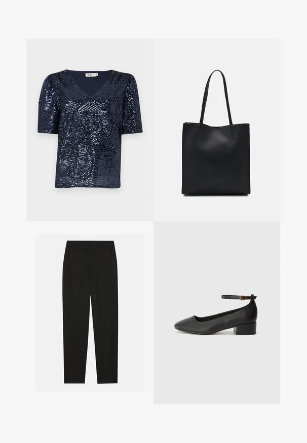 Mörkblå kortärmad V-ringad topp, täckt av paljetter med ett strukturerat mönster, med lös passform och något puffärmar.; Svarta byxor med skräddarsydd design, med sidofickor och raka ben. Tillverkade av ett mjukt, lätt tyg med en stilren finish.; Svart läderpump med spetsig tå och en låg klack. Har en ankelsnodd med en guldtonad spänne. Slät textur.; Svart lädertoffelväska med slät textur, rektangulär form och två långa handtag. Ingen synlig hårdvara eller dekorationer.