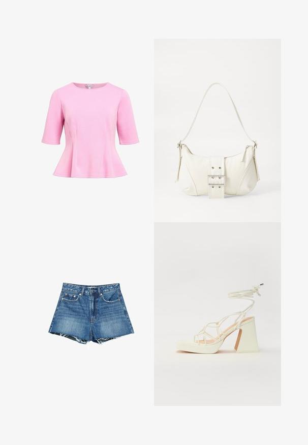 Top peplum rosa in un tessuto morbido con maniche corte, scollatura rotonda e dettagli cuciti in vita. Tessuto liscio, design casual.; Shorts in denim blu medio con orlo sfrangiato, dotati di cinque tasche, passanti per cintura e dettagli in colore rame per bottoni e rivetti.; Sandalo bianco con tacco alto, caratterizzato da un design a cinturini e un legaccio alla caviglia. Texture liscia con una piattaforma frontale per un'altezza aggiuntiva.; Borsa a spalla bianca con una finitura testurizzata, un accentuato fermaglio centrale e una forma curva. Chiusure a cerniera su entrambi i lati.