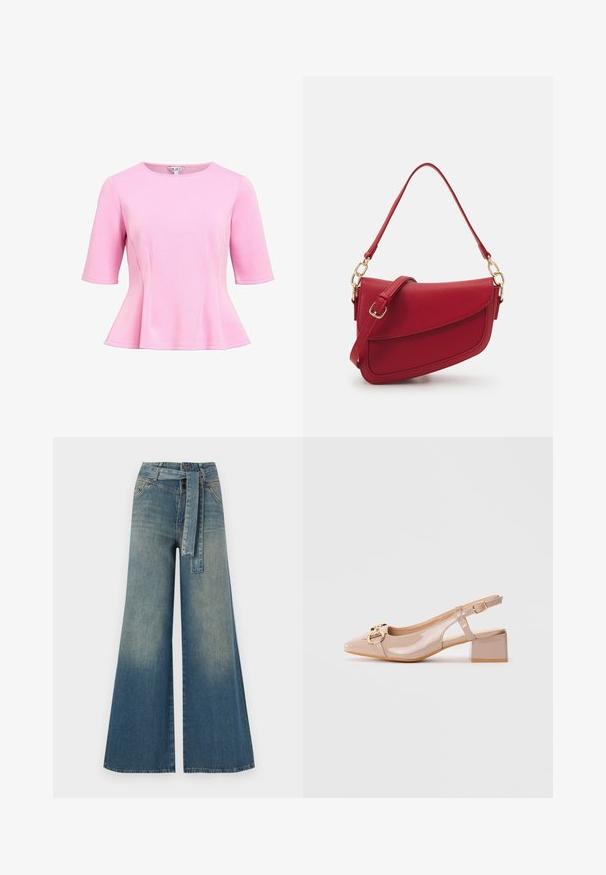 Różowa bluzka peplum z miękkiego materiału, z krótkimi rękawami, okrągłym dekoltem i przeszyciem w talii. Gładka faktura, casualowy krój.; Szerokie spodnie dżinsowe z gradientem od jasnoniebieskiego do ciemnoniebieskiego, wysokim stanem, szlufkami na pasek oraz pasującym paskiem z tkaniny. Teksturowany wykończenie dżinsu.; Beżowe lakierowane czółenka na słupku z wąskim noskiem i złotym zapięciem na górze.; Czerwona torebka na ramię z teksturowanej skóry, z długim paskiem i złotymi akcentami, z zaokrągloną klapką i sztywną sylwetką.