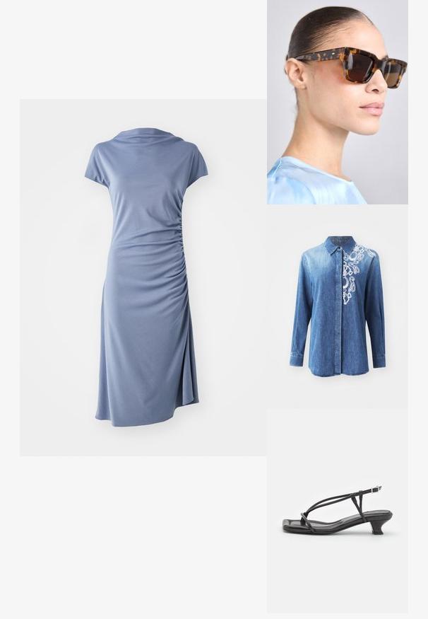 Niebieska koszula dżinsowa z długimi rękawami, zapinana na guziki z białymi abstrakcyjnymi haftami na prawym ramieniu. Gładka tekstura z klasycznym kołnierzykiem.; Sukienka z krótkim rękawem w jasnoniebieskim kolorze, z dekoltem typu cowl i marszczeniem po bokach, o luźnym kroju i długości do kolan.; Czarne skórzane sandały z cienkimi paskami, niskim blokowym obcasem i kwadratowym noskiem. Posiadają zapięcie na klamrę i gładką teksturę.; Okulary przeciwsłoneczne w kolorze żółwim z masywną, prostokątną oprawką. Ciemne soczewki i złote akcenty na zausznikach. Gładkie, błyszczące wykończenie.; Brązowa skórzana torebka o miękkiej, strukturalnej formie, z zamknięciem na górze na zamek błyskawiczny oraz regulowanym paskiem z akcentami w srebrnym kolorze.; Srebrne kolczyki perłowe w zakrzywionym, fasolowym kształcie. Gładka, błyszcząca powierzchnia, z zamknięciem na stalowy szpikulec i zatyczkę.
