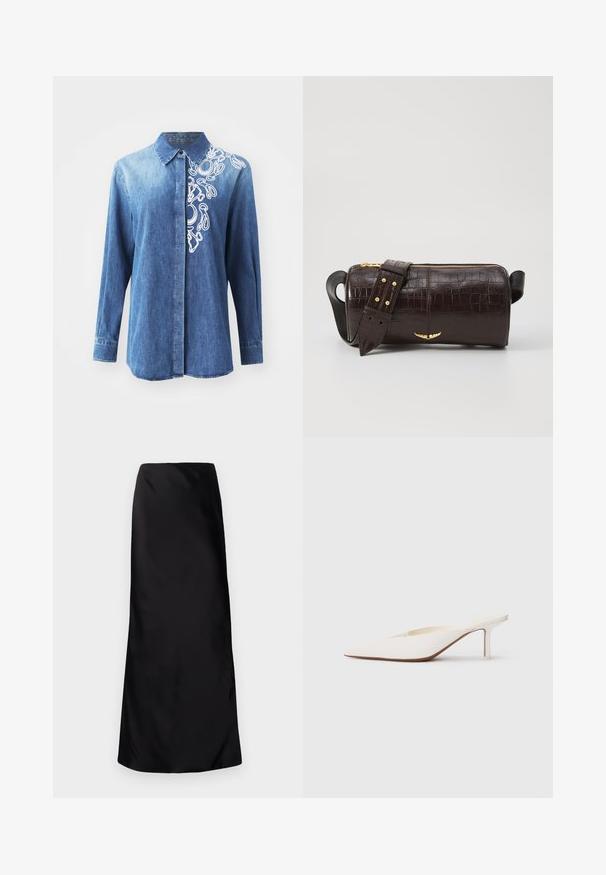 Denimblå skjorte med lange ærmer, knaplukning foran og hvid abstrakt broderi på højre skulder. Glat tekstur med klassisk krave.; Norma Kamali BIAS OBIE SKIRT - Maxinederdele - black; Spids-tået hvid mule med en lav stilettohæl. Fremstillet af glat materiale med et minimalistisk design og diskret tan såldetalje.; Brun krokodilleder taske med cylindrisk form, hardware i guld-tone, og en aftagelig rem med nitter.