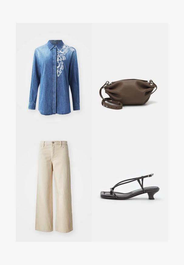 Niebieska koszula dżinsowa z długimi rękawami, zapinana na guziki z białymi abstrakcyjnymi haftami na prawym ramieniu. Gładka tekstura z klasycznym kołnierzykiem.; Beżowe spodnie dżinsowe o szerokich nogawkach, wykonane z denimu, z wysokim stanem, zapięciem na guzik, paskami i kieszeniami po bokach. Gładka tekstura i luźny krój.; Czarne skórzane sandały z cienkimi paskami, niskim blokowym obcasem i kwadratowym noskiem. Posiadają zapięcie na klamrę i gładką teksturę.; Brązowa skórzana torebka o miękkiej, strukturalnej formie, z zamknięciem na górze na zamek błyskawiczny oraz regulowanym paskiem z akcentami w srebrnym kolorze.; Srebrne kolczyki perłowe w zakrzywionym, fasolowym kształcie. Gładka, błyszcząca powierzchnia, z zamknięciem na stalowy szpikulec i zatyczkę.