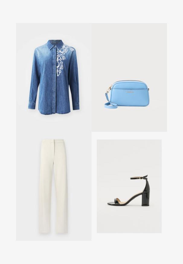 Camicia blu denim con maniche lunghe, chiusura frontale con bottoni e ricamo astratto bianco sulla spalla destra. Tessuto liscio con colletto classico.; Pantaloni a gamba larga color crema realizzati in tessuto morbido, con vita piatta, tasche laterali e dettagli cuciti lungo le cuciture.; Sandalo in vernice nera con tacco largo, punta aperta e cinturino alla caviglia con fibbia dorata. Texture liscia e design elegante.; Borsa a tracolla in pelle azzurro chiaro con dettagli in metallo oro, chiusura con zip e tasca frontale. Presenta un tracolla regolabile per maggiore comodità.