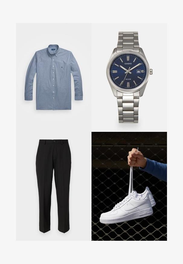 Polo Ralph Lauren Big & Tall GINGHAM STRETCH POPLIN SHIRT - Marškiniai - navy/white; Juodos kelnės, pagamintos iš lygaus audinio, su tiesiu krepšeliu, priekinėmis kišenėmis, vieno mygtuko užsegimu ir be matomų raštų.; Balti odiniai sportiniai bateliai su perforacijomis, apvalia nosimi, plokščiu padu ir storomis raištelėmis, su matomu swoosh logotipu ir "AIR" ant kulno.; Sidabrinis nerūdijančio plieno laikrodis su tamsiai mėlynu ciferblatu, metaliniais valandų žymenimis ir datos langeliu 3 valandą. Atsparus vandeniui iki 50 metrų.