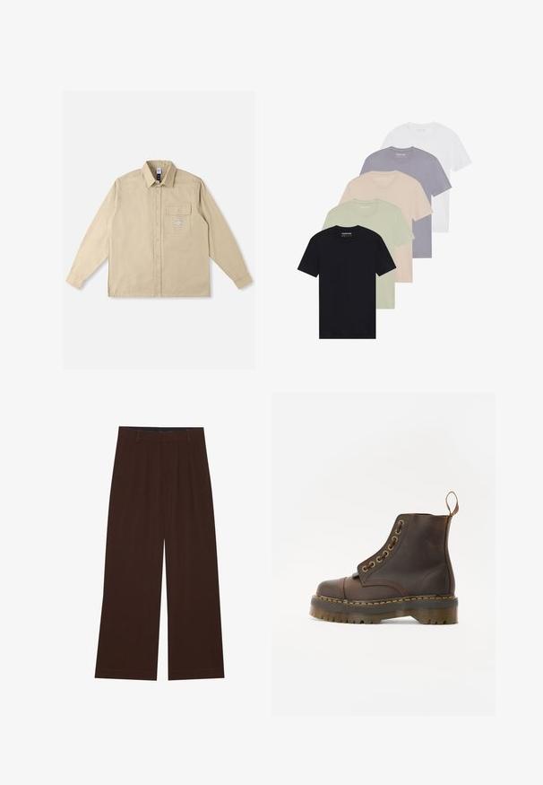 Cămașă bej cu mâneci lungi din țesătură de bumbac, cu guler clasic, nasturi în față, un buzunar la piept și o etichetă de marcă pe buzunar.; Set de cinci tricouri în negru, verde pal, bej, violet deschis și alb. Fiecare are un guler rotund și mâneci scurte, fiind fabricat din bumbac.; Pantaloni maro, cu picioare largi, cu pliuri. Realizați dintr-un material neted, având o talie cusută și buzunare laterale. Tiv plat la baza.; Bocanci din piele maro, cu vârful rotund, cusături galbene contrastante, ochiuri din metal decorative și o talpă din cauciuc cu caneluri.