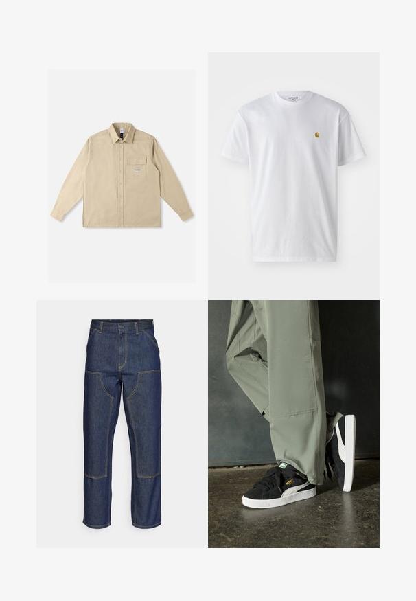 Bež košulja dugih rukava od pamuka, s klasičnim ovratnikom, kopčanjem na gumbe sprijeda, jednim džepom na prsima i brendiranim detaljem na džepu.; Bijela pamučna majica kratkih rukava s okruglim izrezom, sa malim zlatnim logotipom na lijevoj strani prsnog koša. Mekana tekstura i standardni kroj.; Tamno plave traperice s visokim strukom, ravnog kroja, kontrastnim šavovima i otvorenim džepovima sprijeda.; Crne nubuk tenisice s bijelim gumennim potplatima i bočnim trakama, uparene s svijetlozelenim cargo hlačama, stoje na teksturiranoj tamnoj površini.