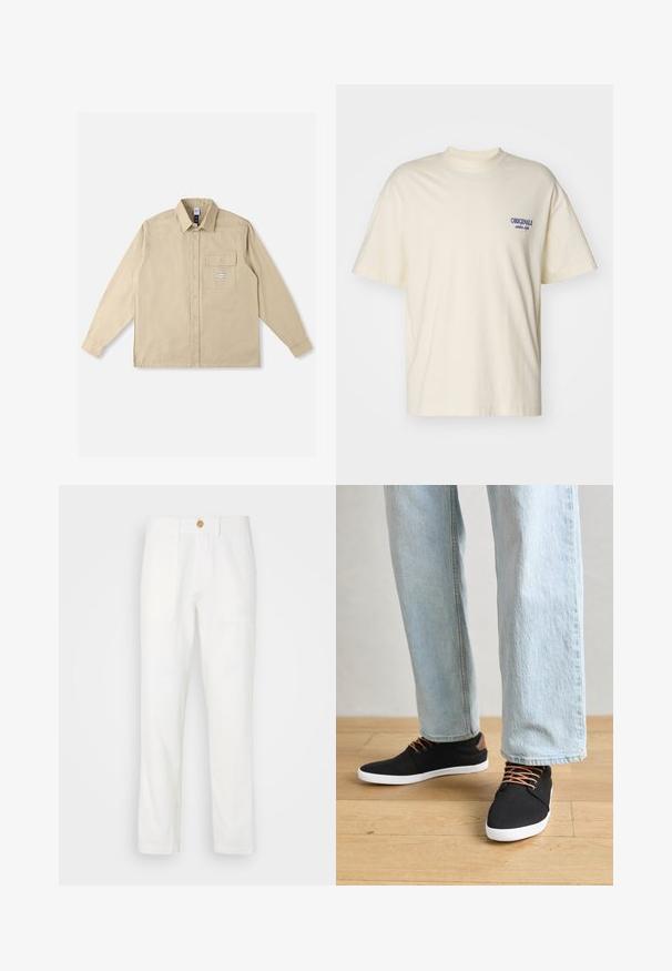 Bež dolg rokav srajca iz bombažnega blaga, s klasičnim ovratnikom, gumbi na sprednji strani, enim žepom na prsih in znamkno oznako na žepu.; Kratkoročna kremna majica iz bombaža. Ima majhen moder logotip "ORIGINALS" na levem prsnem delu. Klasičen kroj in krogu oblikovan ovratnik.; Beli tkaninski hlače s ravnim krojem, ki imajo dve sprednji žepi in zapiranje na gumb. Gladka tekstura in čista zasnova.; Črne platnene superge z rjavimi poudarki, belimi gumijastimi podplati in rjavimi vezalkami, v kombinaciji s svetlobluzimi naravnost krojenimi kavbojkami. Ozadje iz lesenih tal.