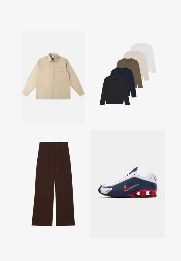Béžová košeľa s dlhými rukávmi z bavlnenej látky, s klasickým golierom, zapínaním na gombíky vpredu, jedným náprsným vreckom a značkovou nášivkou na vrecku.; Päť tričiek s dlhým rukávom v farebnom prechode: tmavomodrá, námornícka, olivová, béžová a biela. Každé má okrúhly výstrih a hladkú textúru.; Hnedé nohavice s širokými nohavicami a plisovaním. Vyrobené z hladkej látky, s upraveným pásom a bočnými vreckami. Rovný lem na spodnej časti.; Biele a námornícke športové topánky s červenými akcentmi, sieťovinovými panelmi, polstrovaným golierom a jedinečným dizajnom podrážky s viditeľnými odpružovacími jednotkami.