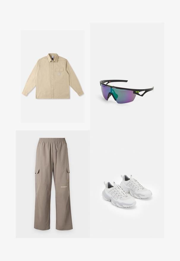 Beige langermet skjorte i bomullstoff, med klassisk krage, knappelukking foran, enkelt brystlomme og merkepatch på lommen.; Cargo bukser laget av lett stoff, i taupe farge, med elastisk midje, sidelommer og en subtil merkevarelogo.; Hvite treningssko med mesh-overdel, grå detaljer, teksturert gummisåle og pull-tabs på hælen; har et snøresystem.; Sports solbriller med en svart ramme, store gradientlinser i lilla og grønne nyanser, samt vinklede designaksenter med logo-detalj.