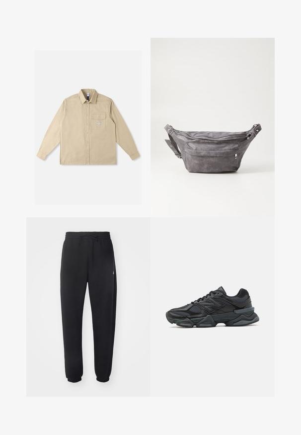 Beige shirt met lange mouwen van katoenen stof, voorzien van een klassieke kraag, knoopsluiting aan de voorkant, een borstzak en een merkpatch op de zak.; Zwarte joggingbroek van zacht materiaal met een elastische tailleband, trekkoord en taps toelopende manchetten, met een subtiele logo aan de zijkant.; Zwarte hardloopschoen met een mix van mesh en synthetische materialen, een stevige zool, gebogen ontwerp en prominente branding op de zijkant.; Grijze suède heuptas met een ronde vorm, twee met rits afgesloten compartimenten en een verstelbare band. Voorzien van metalen accenten.