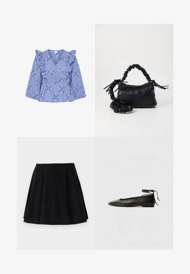 Kék kockás blúz fodros ujjakkal, virágos hímzéssel, V-nyakkal és peplum derékkal. Pamut anyag kockás mintával.; Fekete pamut szoknya bővülő szabással, derékrészen redőzött kialakítással és sima textúrával. Kiváló választás hétköznapi viseletre.; Fekete bőr balettcipők hegyes orral, bokakötővel és lapos talppal, sima textúrával és minimalista dizájnnal.; Fekete műbőr kézi táska krokodil bőr textúrával, összehúzható tetejű és gyűrt pánttal. Lágy és kompakt dizájnúnak tűnik.