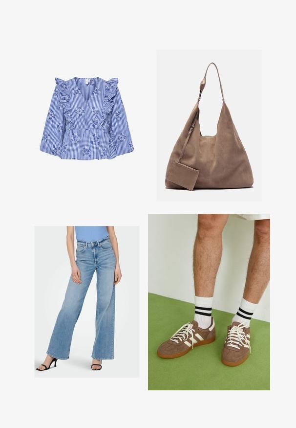 Blusa azzurra a quadretti con maniche a volant, ricamo floreale, scollatura a V e vita peplum. Tessuto di cotone con motivo a quadretti.; Jeans in denim azzurro chiaro a gamba larga con vita alta, caratterizzati da cuciture visibili e un classico design a cinque tasche. Abbinati a tacchi neri con cinturini.; Sneaker in suede marrone con dettagli e lacci bianchi. Suola in gomma color gomma. Indossati con calzini bianchi con righe nere. Pavimento verde texturizzato.; Zign LEATHER - Shopping bag - light brown